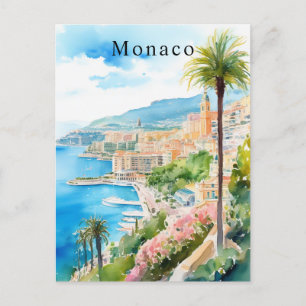 Monaco Watercolor Retro Travel Mediterranean Vykort