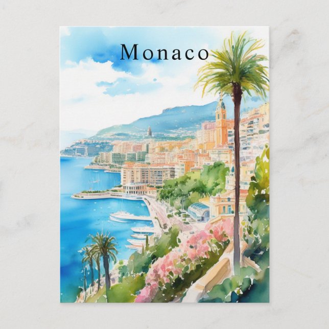 Monaco Watercolor Retro Travel Mediterranean Vykort (Framsida)