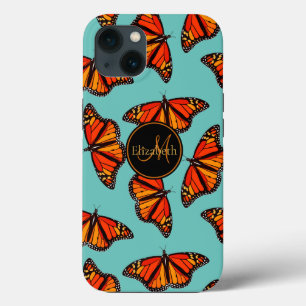 Monarch butterflies mönster light teal monogrammet