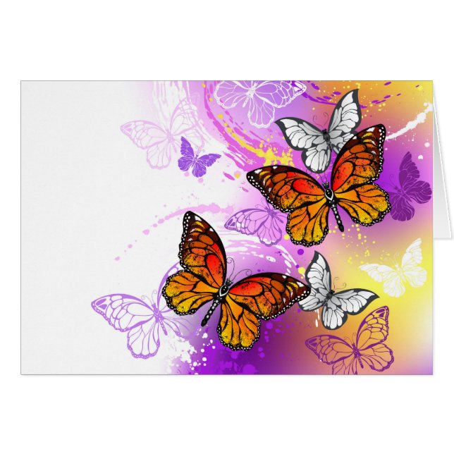 Monarch Butterflies on Lila Background Hälsningskort (Framsidan Horizontal)