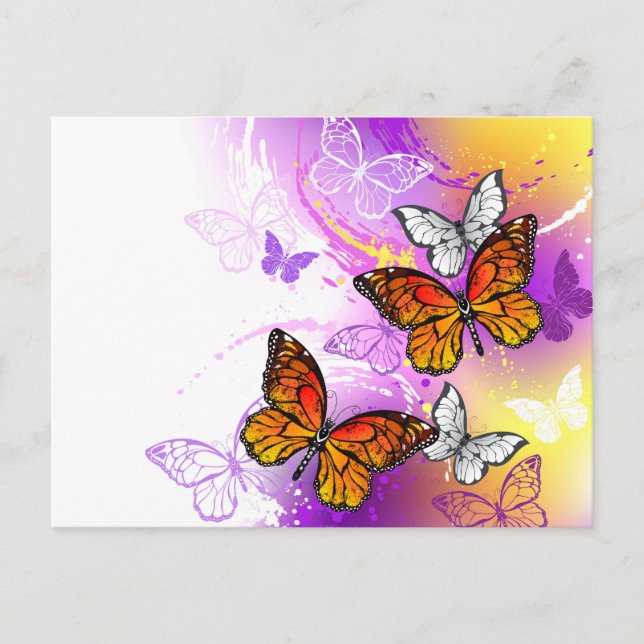 Monarch Butterflies on Lila Background Helg Vykort (Framsida)
