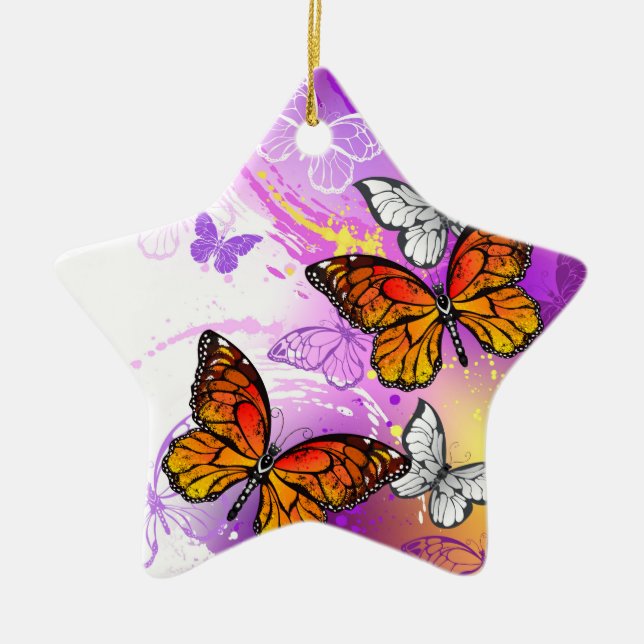 Monarch Butterflies on Lila Background Julgransprydnad Keramik (Framsidan)