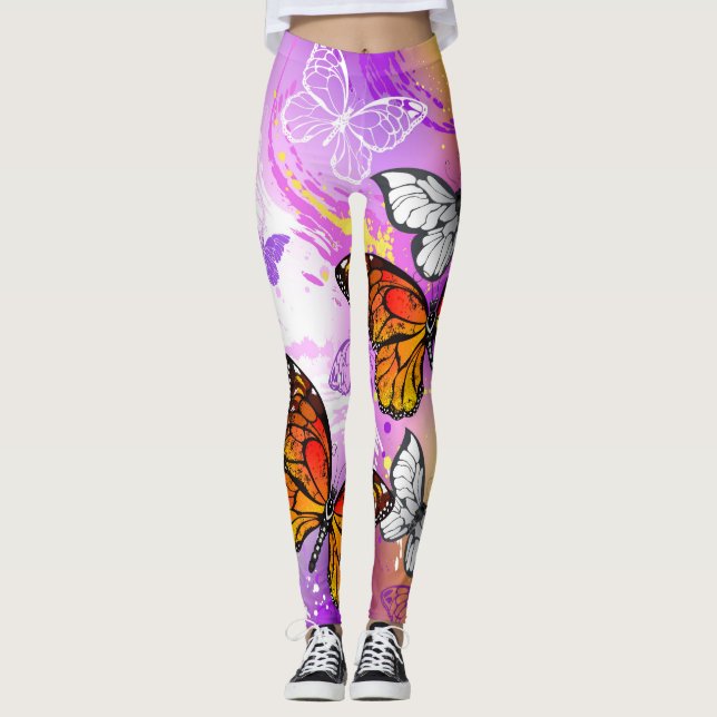 Monarch Butterflies on Lila Background Leggings (Framsida)