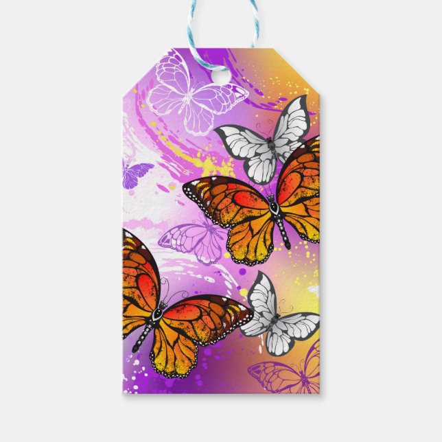 Monarch Butterflies on Lila Background Presentetikett (Framsidan)