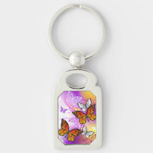 Monarch Butterflies on Lila Background Rektangulärt Silverfärgad Nyckelring