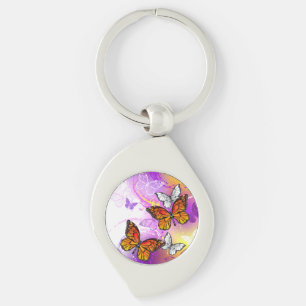 Monarch Butterflies on Lila Background Swirl Silverfärgad Nyckelring