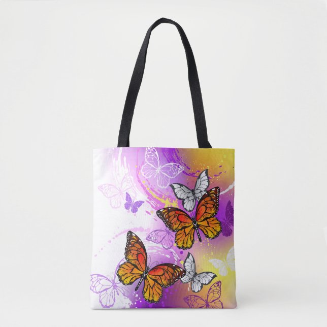 Monarch Butterflies on Lila Background Tygkasse (Framsida)