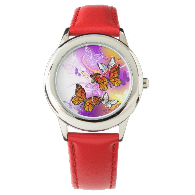 Monarch Butterflies on Purple Background Armbandsur (Framsida)