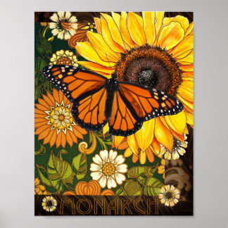 Monarch Butterfly and Sunflower Vintage Collage Poster