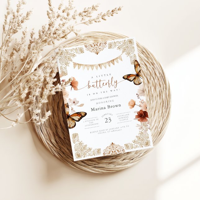 Monarch Butterfly Baby Shower  Inbjudningar (girl baby shower invitations- butterfly baby shower invite-Mexican Talavera baby shower)