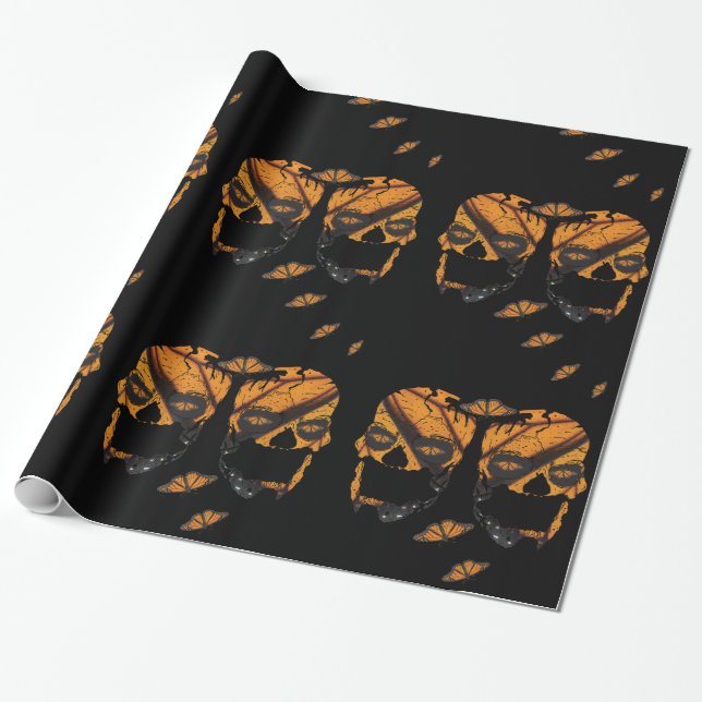 Monarch Butterfly Döskallars Black Halloween Presentpapper (Utrullad)