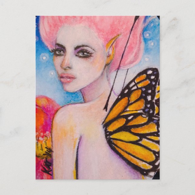 Monarch Butterfly Fairy med Rosa Haiir Vykort (Framsida)