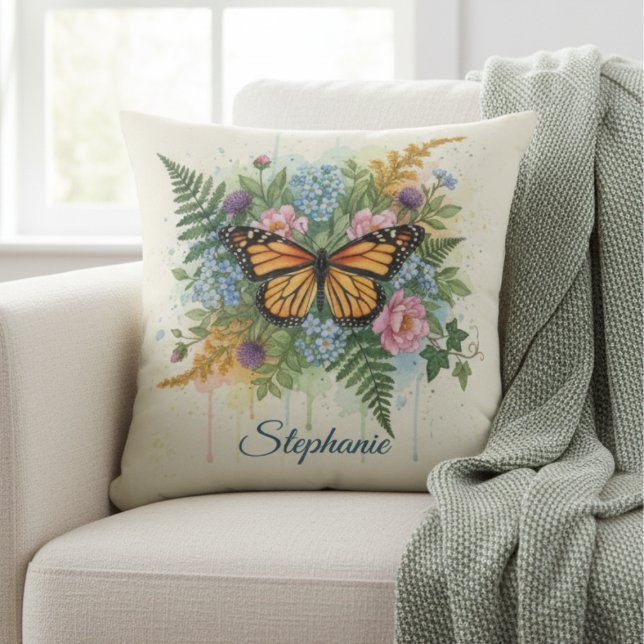 Monarch Butterfly Floral Watercolor Garden Kudde (Botanical monarch butterfly decorative pillow)