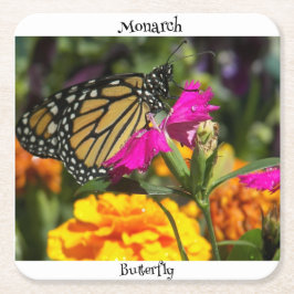 Monarch Butterfly från Rosa Marigold Flower Underlägg Papper Kvadrat