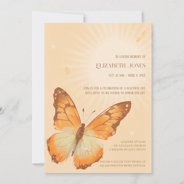 Monarch Butterfly Funeral Firande of Life Inbjudningar (Framsida)
