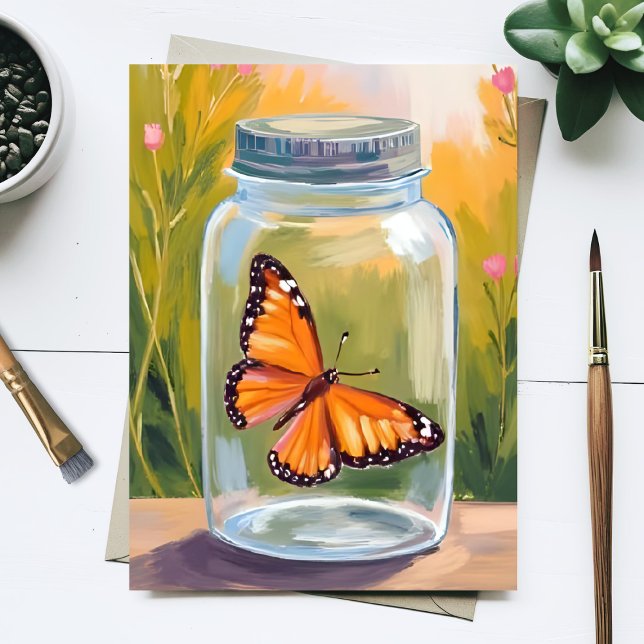 Monarch Butterfly Jar Watercolor Painting Vykort (Skapare uppladdad)