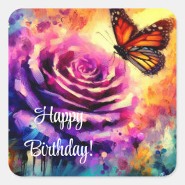 Monarch Butterfly Lila Ro Sunset Birthday Card Fyrkantigt Klistermärke
