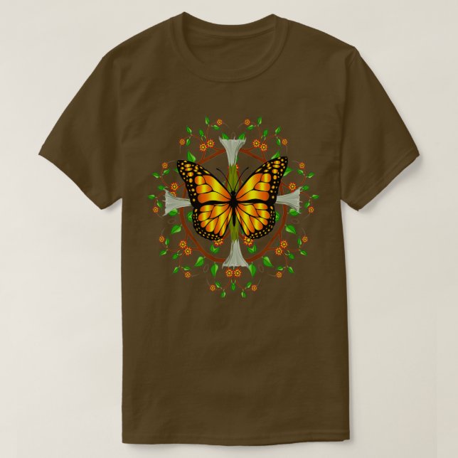 Monarch Butterfly med Datura Blooms Löv Mandala T Shirt (Design framsida)