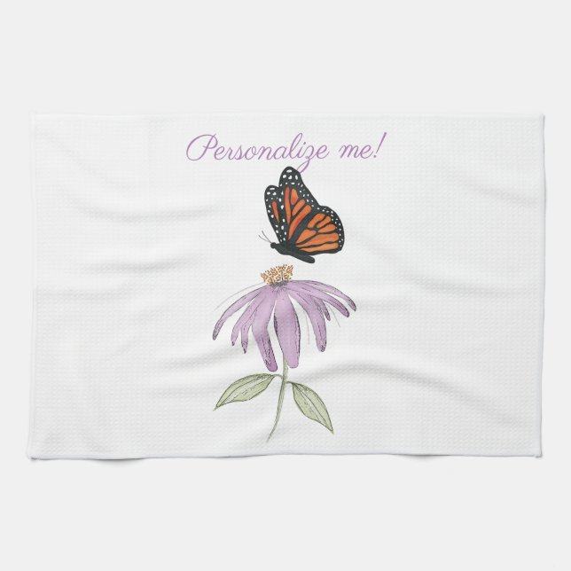 Monarch Butterfly med Lila Cone Flower Kökshandduk (Horisontell)