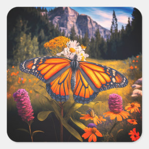 Monarch Butterfly Mountain Vacker Meadow Nature Fyrkantigt Klistermärke