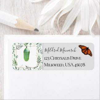Monarch Butterfly och Chrysalis Botanical Returadress Etikett