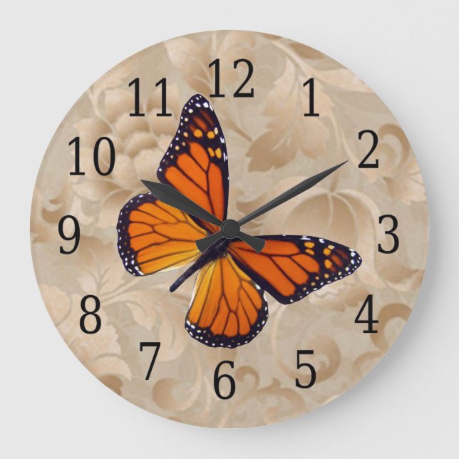 Monarch Butterfly on Brown Blommigt Clock Stor Klocka (Framsida)