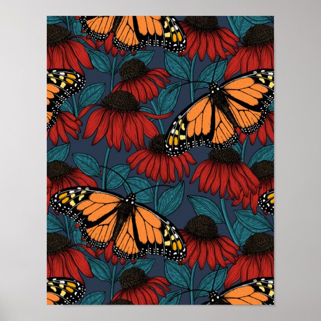 Monarch butterfly on red coneflowers poster (Framsidan)