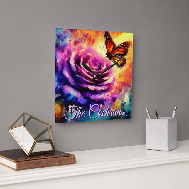 Monarch Butterfly on Rose at Sunset Personalized Fyrkantig Klocka (Kontor)