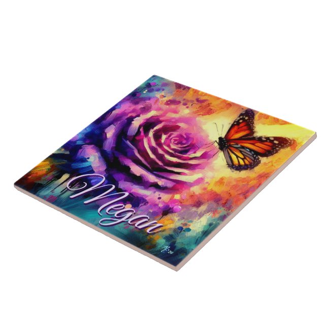 Monarch Butterfly on Rose at Sunset Personalized Kakelplatta (Sidan)