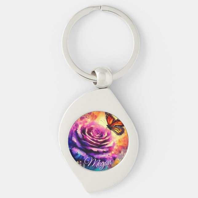 Monarch Butterfly on Rose at Sunset Personalized Swirl Silverfärgad Nyckelring (Framsidan)