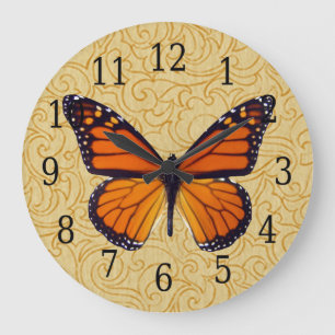 Monarch Butterfly on Swirl Wood Grain Clock Stor Klocka