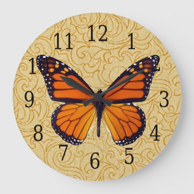 Monarch Butterfly on Swirl Wood Grain Clock Stor Klocka (Framsida)