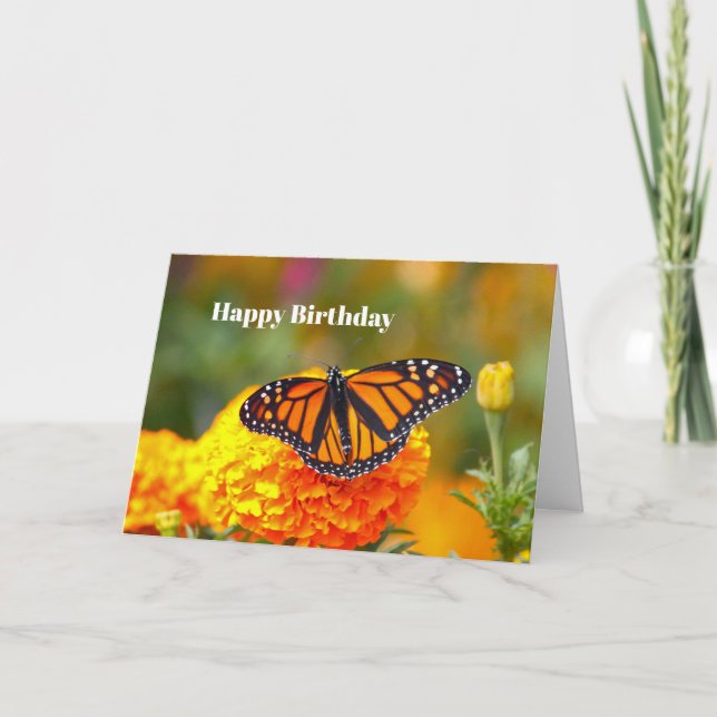 Monarch Butterfly Orange Marigold Photo Birthday Kort (Framsida)