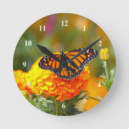 Monarch Butterfly Orange Marigold Photo Rund Klocka
