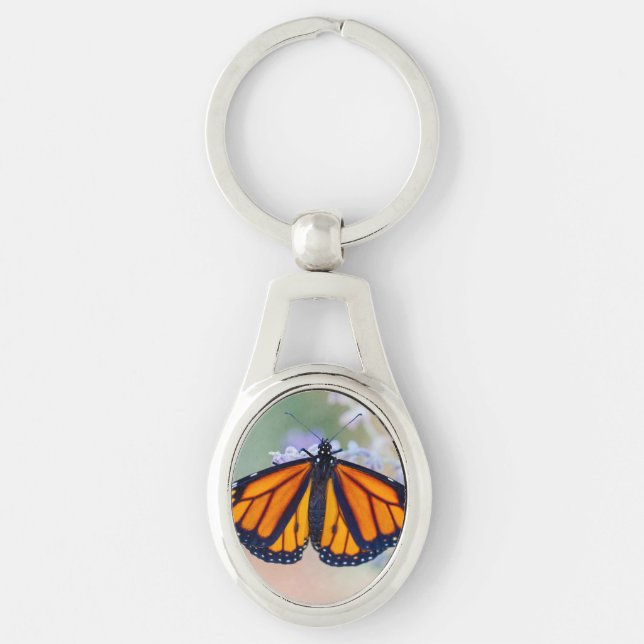 Monarch Butterfly Ovalt Silverfärgad Nyckelring (Framsidan)