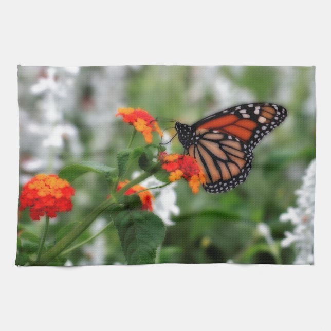Monarch Butterfly på Orange och Red Lantana Kökshandduk (Horisontell)
