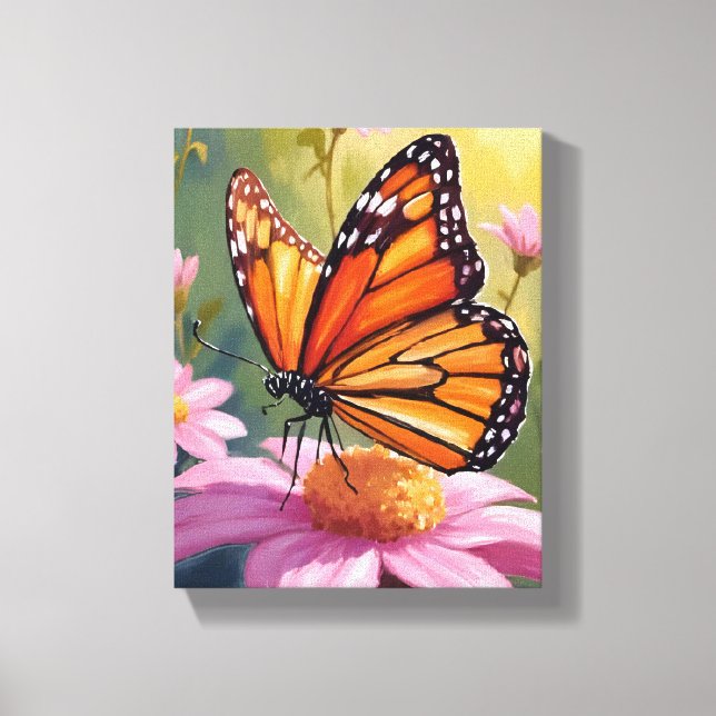 Monarch Butterfly Pink Flower Floral Painting Canvastryck (Framsida)