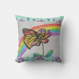 Monarch Butterfly Rainbow Painting Aqua Cushion Kudde