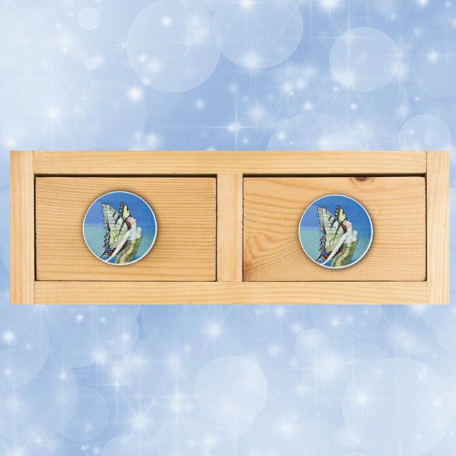Monarch Butterfly Red Hair Vintage Fairy Knopp (Pretty red haired monarch butterfly fairy in blue sky on drawer knob pull.)