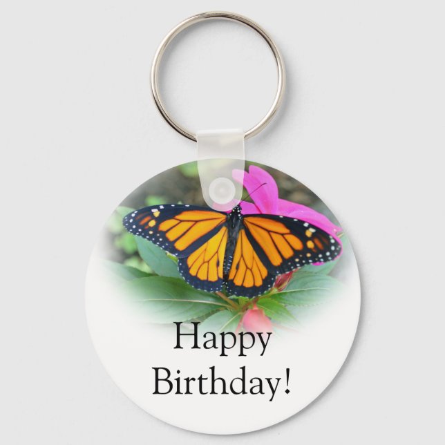 Monarch Butterfly Rosa Blommigt Photo Birthday Nyckelring (Framsida)