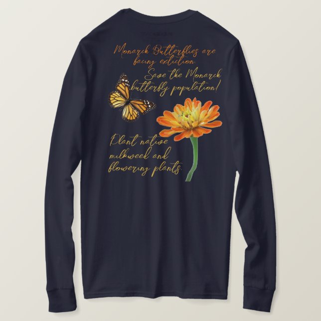 Monarch butterfly, Zinnia-blomman. T Shirt (Design baksida)