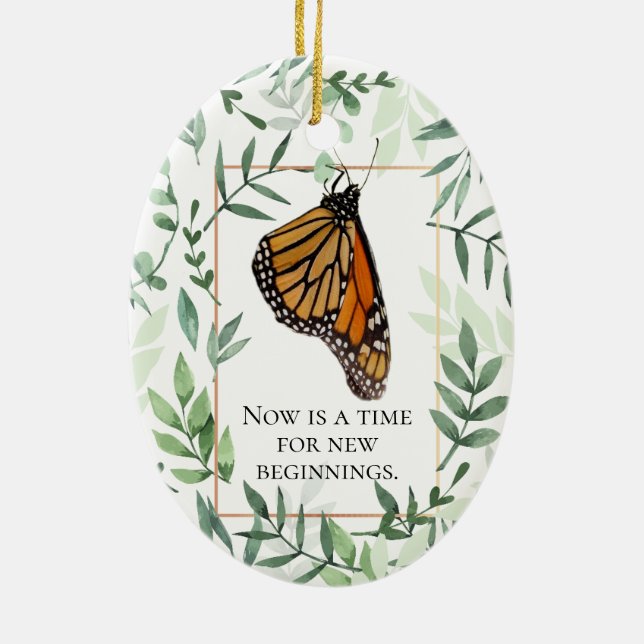 Monarch Chrysalis och Butterfly Encouragement Julgransprydnad Keramik (Baksidan)