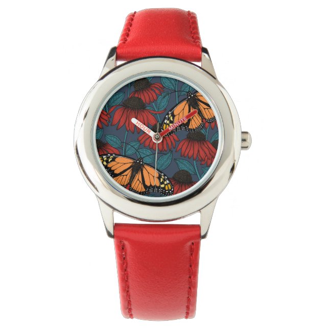 Monarch-fjäril på röda konefloger armbandsur (Framsida)