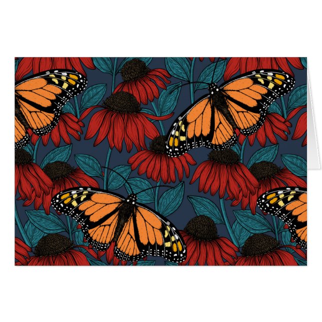 Monarch-fjäril på röda konefloger hälsningskort (Framsidan Horizontal)