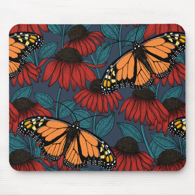 Monarch-fjäril på röda konefloger musmatta (Framsidan)