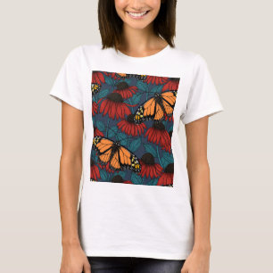 Monarch-fjäril på röda konefloger t shirt