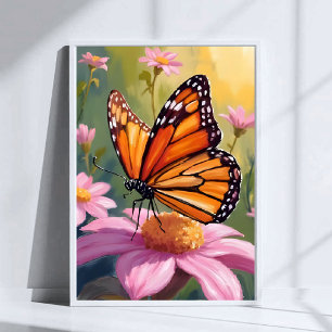 Monarch Fjäril Rosa Blomma Blommig Målning Poster