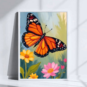 Monark Fjäril Blomma Akvarell Målning Poster
