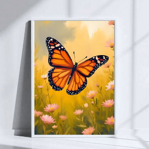 Monark Fjäril Trädgård Akvarell Blommor Poster