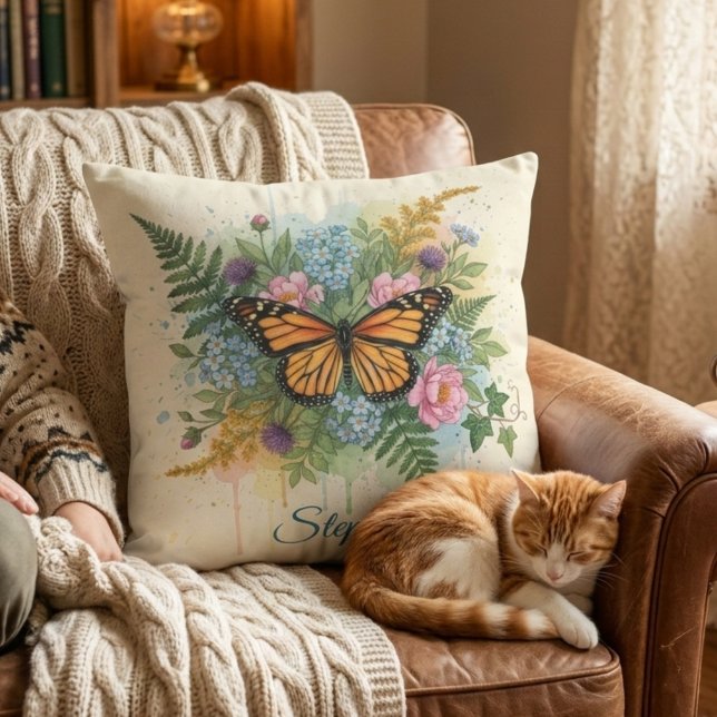 Monark fjäril Vattenfärg Blommig Kudde (Botanical monarch butterfly decorative pillow)